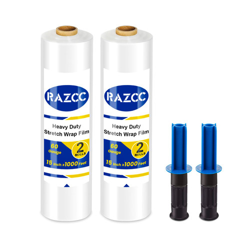 Stretch Film, RAZCC Stretch Wrap Industrial Strength, Shrink Wrap for Pallet Wrap, Heavy Duty Clear Plastic Wrap with Handles, Moving Wrapping Plastic Roll, 15" x 1000 Ft Per Roll, 60 Gauge, 2 Pack