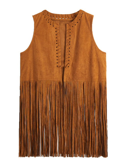 Verdusa Women's Fringe Faux Suede Vest 70s Hippie Sleeveless Tassel Cardigan Jacket Brown M