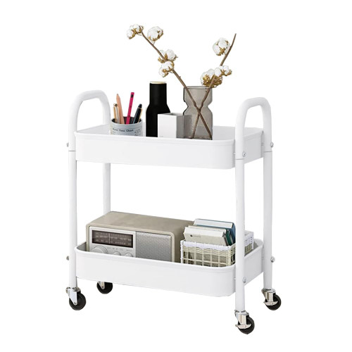 2-Tier Rolling Utility Cart with Handle,Mobile Metal Mesh Trolley with Wire Basket Shelving,Organizer Trolley with Lockable Wheels,Multifunctional Storage cart for Office Kitchen Bathroom