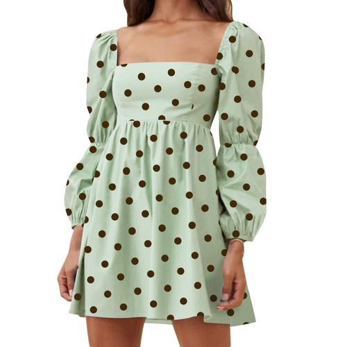 EXLURA Womens Square Neck Dress Long Puff Sleeve A-Line Casual Short Mini Dress