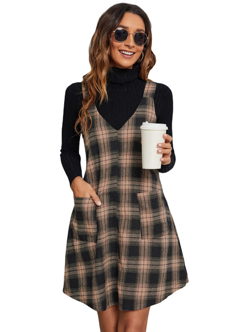 Milumia Women's Casual Plaid V Neck Sleeveless Overall Pinafore Dress with Pocket Multicolor Small