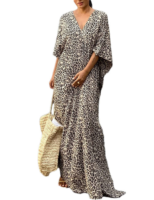 Bsubseach Leopard Print Beach Kaftan Dress for Women Caftan House Dress Swimsuit Cover Ups for Swimwear Yellow