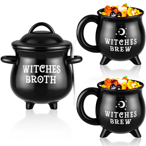 Skylety 3 Pcs Witch's Brew Cauldron Cups Include 1 Set 17 Oz Witches Broth Cauldron Coffee Mug with Spoon and Cover 2 Pcs 12 Oz Witches Brew Black Ceramic Cauldron Mug Halloween Mug Drinkware
