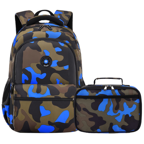 Yvechus Camo Backpack Set with Lunch Bag Lightweight Waterproof School Backpack Bookbag for Boys Girls (D-Style Camo Blue)