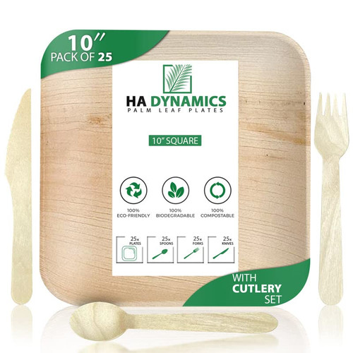 Palm Leaf Plates 10 inch, Pack of 25 Bamboo Plates Disposable and 75 pcs cutlery set, 100% Compostable Plates with Spoon Set | Sturdy, Biodegradable Square Wood Plates for Birthday Party, Wedding