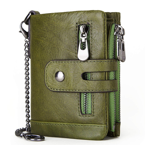 gzcz Men Wallets with Anti-Theft Chain Genuine Leather Purse RFID Blocking Bifold Wallet Minimalist Zipper Coin Pocket Coin Pocket, Green