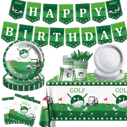 Golf Party Decoration,142PCS Sports Tableware Golf Plates and Napkins Party Supplies Include Happy Birthday Banner Golf Tablecloth for Golf Birthday Decoration