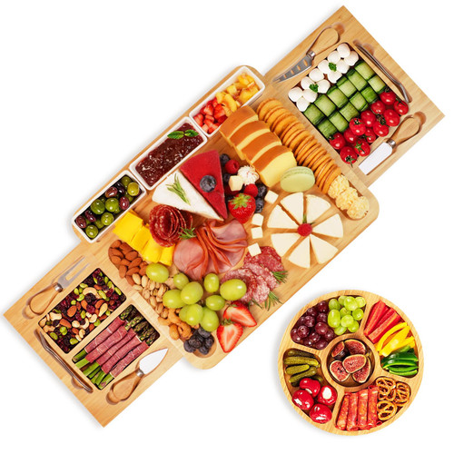 YZS Charcuterie Board Set, Cheese Board & Knife Set with Cheese Tray, Large Bamboo Platter for Cheese & Meat - Gift for Women, Couples Wedding Anniversary, Housewarming YZS Charcuterie Board Set, Cheese Board & Knife Set with Cheese Tray, Large Bamboo Platter for Cheese & Meat - Gift for Women, Couples Wedding Anniversary, Housewarming