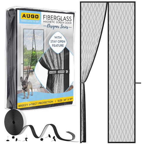 AUGO Magnetic Fiberglass Design Screen Door - Self Sealing, Heavy Duty, Hands Free Mesh Partition Keeps Bugs Out - Pet and Kid Friendly - Patent Pending Keep Open Feature - 38 Inch x 97 Inch
