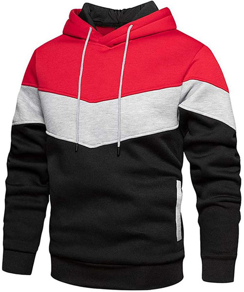 Wielsscca Mens Hoodies Pullover Color Block Fleece Sweatshirt Tops with Pocket Red L