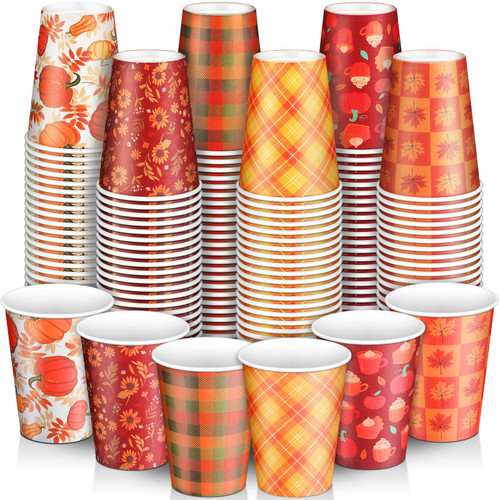 Umigy 150 Pack Fall Disposable Coffee Cups 12 oz Thanksgiving Disposable Paper Cups Pumpkin Maple Leaves Party Cups for Adults Kids Hot Cold Beverage Juice Snack and Drink Cup Decoration Supplies