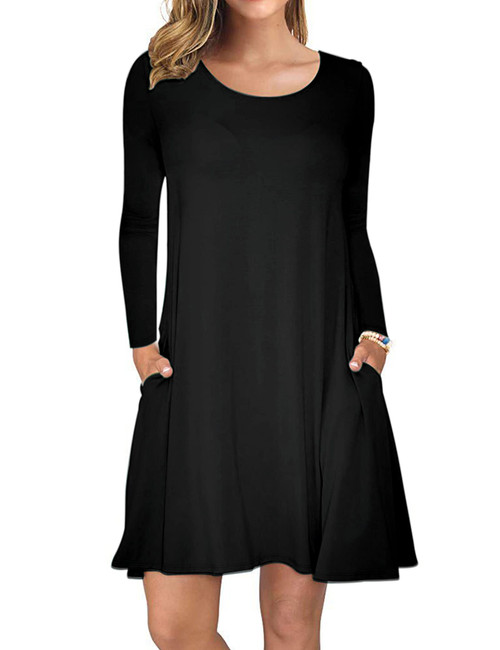 AUSELILY Women's Solid Plain Long Sleeve Pockets Casual Swing T-Shirt Dresses(XL,New Black)