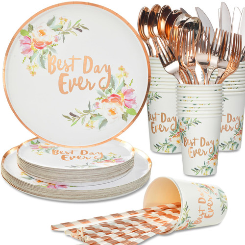 GGBOY 175 PCS Rose Gold Floral Paper Party Plates and Cups and Napkins Sets, Paper Plates Party Rose Gold Plates and Napkins Party Supplies, Bridal Shower Plates and Napkins Sets Tea Party Plates