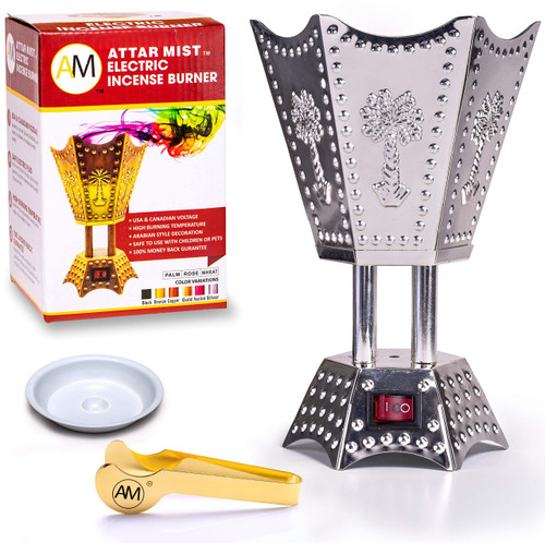 AM Bakhoor Electric Incense Burner - Oud Frankincense Resin Burner 6.5 Inches Tall (Hexagon) (Silver)