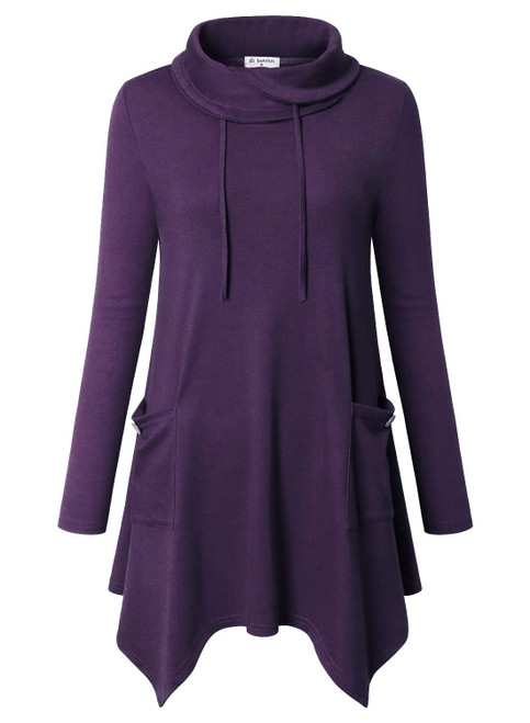 Bulotus Women's Long Sleeve Cowl Neck Asymmetrical Hem Tunic Tops with Pockets (Dark Purple, X-Large)