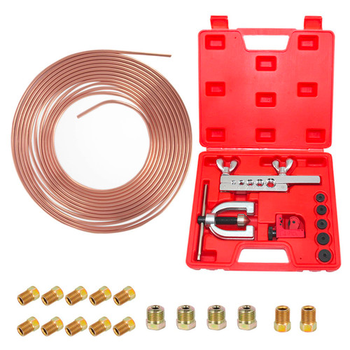 ANSIKE 3/16 Brake Line 25 ft Copper Coated Flexible Tube Roll + Brake Line Flaring Tool Kit Single and Double Flare Brake Line Tool Kit with 16 Fittings