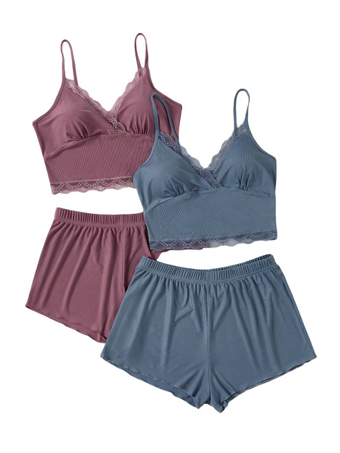 GORGLITTER Women's 2 Sets Pajama Set Lace Sleeveless Crop Cami Top Elastic Waist Shorts Lounge Set Purple and Blue Medium