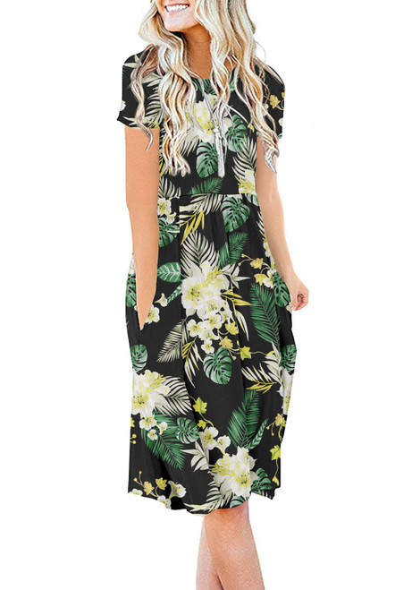 DB MOON Women Summer Casual Short Sleeve Dresses Empire Waist Dress with Pockets (Green Leaf Lily, S) DB MOON Women Summer Casual Short Sleeve Dresses Empire Waist Dress with Pockets (Green Leaf Lily, S)