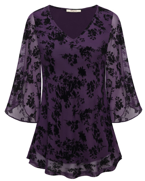 Bebonnie Dressy Tunics for Women, Ladies Tops and Blouses Bell 3/4 Sleeve V Neck Floral Casual Business Work Office Double Layers Chiffon Blouses Loose Fit Flowy Swing Formal Tunic Tops Dark Purple L