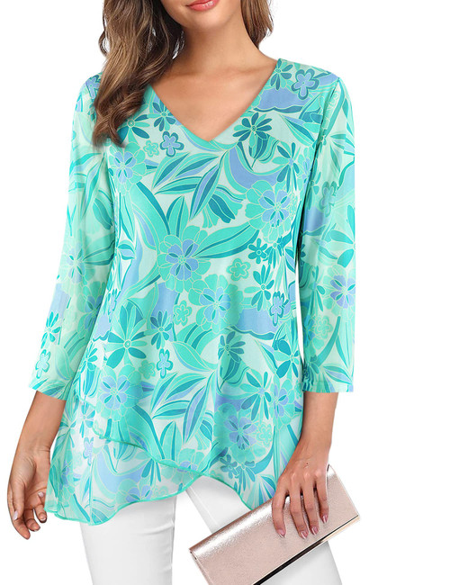 SeSe Code Tunic Tops to Wear with Leggings, Womens Top Dressy Casual Spring 2023 3/4 Sleeve Shirts Hide Belly Tulip Hem Chiffon Formal Blouse Elegant Evening Green XL