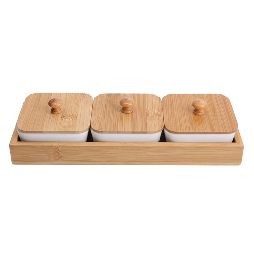 Ceramic Snack Serving Tray Compartment Serving Platter with Bamboo Lid and Pallets Removable Container Food Storage for Appetizer Condiments Nuts(3 Grid)
