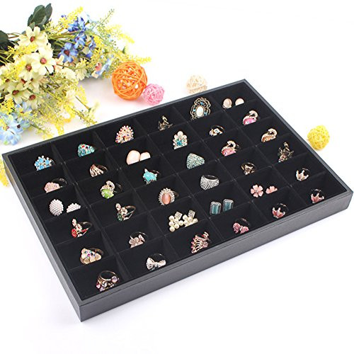 Wuligirl Removable 36 Grid Jewelry Tray Showcase Display Stackable for Earrings Brooch Buttons Rings, Black Velvet (36 Grid Jewelry Tray)