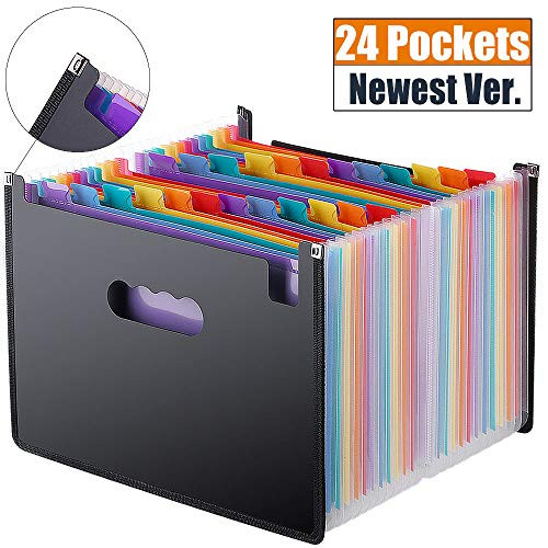 Expanding File Folder 24 Pockets, Multi-Color Accordion A4 Document Organizer with Expandable Wallet Stand  Works on A4 Size and Letter Size