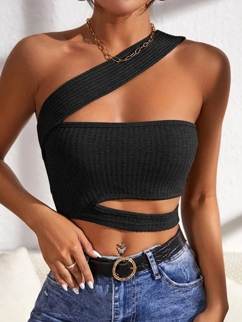 REDESYN Women's Tops Sexy Tops for Women One Shoulder Cut Out Crop Top Women's Shirts (Color : Black, Size : Small)