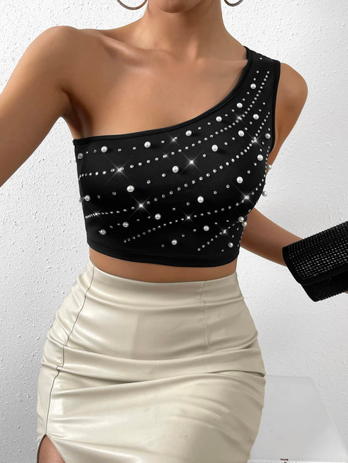REDESYN Women's Tops Sexy Tops for Women Rhinestone Detail One Shoulder Crop Top Women's Shirts (Color : Black, Size : Small)