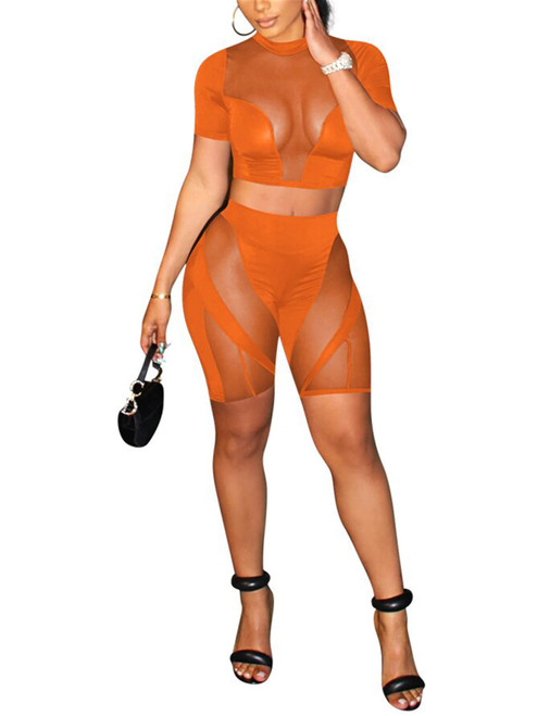 acelyn Womens 2 Piece Outfits Sexy Sheer Mesh Crop Tops Bodycon Shorts Workout Biker See Through Pants Sets Gym Tracksuits Jumpsuits,Orange,XXL