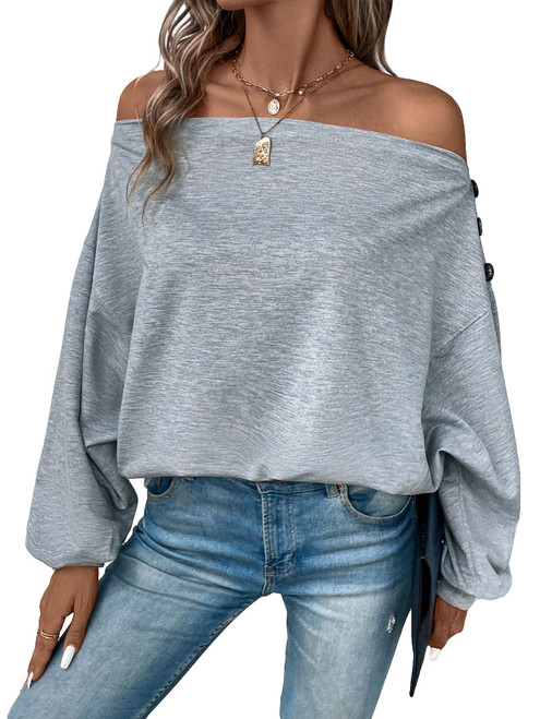 WDIRARA Women's Off The Shoulder Button Side Long Sleeve Sweatshirt Casual Pullovers Light Grey XL
