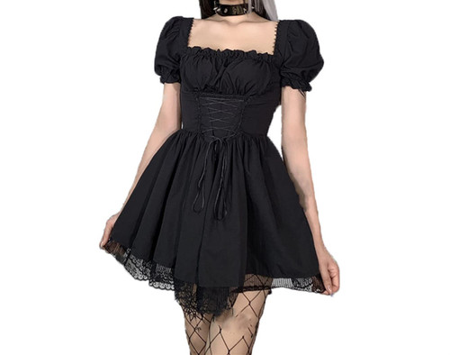 Women Gothic Dress Short Puff Sleeve Backless Y2k E-Girl Mall Goth Dresses Vintage Ruched Emo Lace up Draped Bodycon