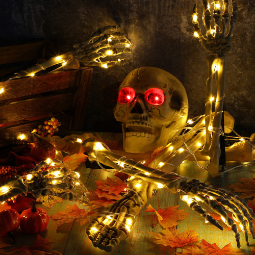 5 Pack LED Skeleton Stakes with Light Halloween Lighted Skeleton Arm Leg and Skull with 98 LED Lights Halloween Decorations Realistic Looking Halloween Skeleton Waterproof Battery Operated with Timer