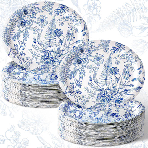 Umigy 100 Pcs Floral Blue and White Oval Plates Disposable Dinner Plates 10'' x 12'' Paper Plates Decoration Gifts Bulk Disposable Paper Plates Set for Wedding Engagement Bridal Shower