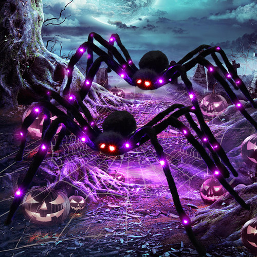 2Pcs Halloween Spider Decorations 4.9ft Giant Hairy Light Up Spiders Props, Realistic Scary Halloween Yard Indoor Outdoor Decor