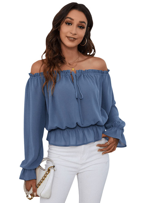 SweatyRocks Women's Elegant Long Sleeve Off Shoulder Top Tie Front Ruffle Hem Chiffon Blouse Dusty Blue M