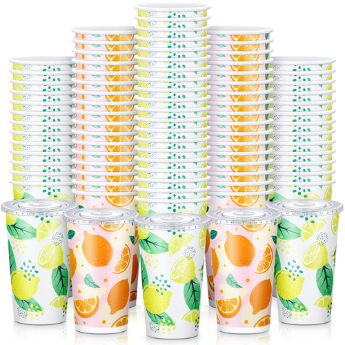 100 Set Lemonade Cups with Lids 16 oz Lemonade Cups Lemonade Paper Cups Pink Lemon Summer Birthday Paper Cups for Summer Lemon Themed Birthday Party Supplies