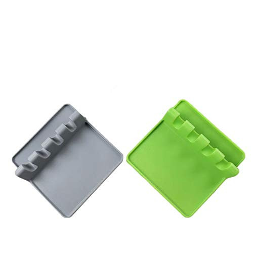 MRS BEAUTY Kitchen Silicone Utensil Rest,Silicone Kitchen Utensil Rest Ladle Spoon Holder Utensils Holders for Kitchen Counter or Stove Top, Drip Catcher for Resting Cooking (2, grey,green)