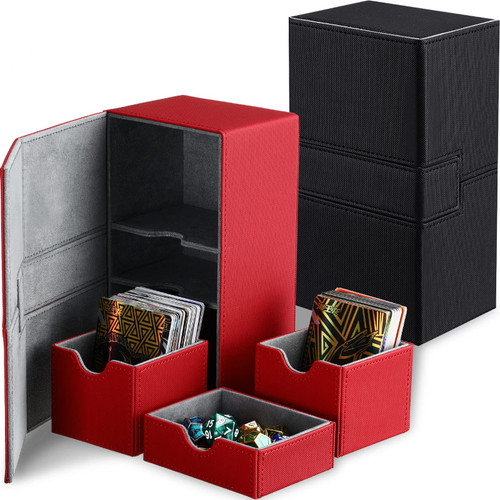 2 Boxes Double Deck Card Boxes Compatible with MTG Cards Leather Deck Card Boxes for 200+ Sleeved Cards Twin Flip Deck Case with 3 Tray for Trading Card Games (Red, Black)