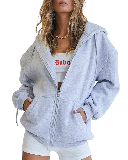 Kissfix Women's 2023 Oversized Sweatshirts Zip Up Hoodies Cute Teen Girl Jacket Casual Fall Clothes Y2K Hoodie With Pocket Grey