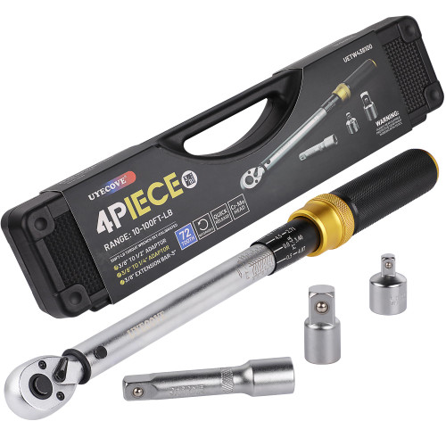 UYECOVE 3/8-Inch Drive Click Torque Wrench 4 Pcs Set, Torque Wrench 3/8 Drive 10~100FT/13.6-135.6N.m, Extention Bar 3/8'' to 1/2'' Adaptor and 3/8'' to 1/4'' Adaptor, Dual-Direction Quick Release