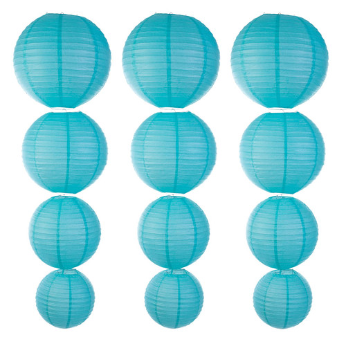 Turquoise Chinese Japanese Paper Lanterns 12pcs Assorted Sizes (10" 12" 14" 16" Inch), Paper Lanterns Decorative for Party Decorations, Hanging Paper Lanterns