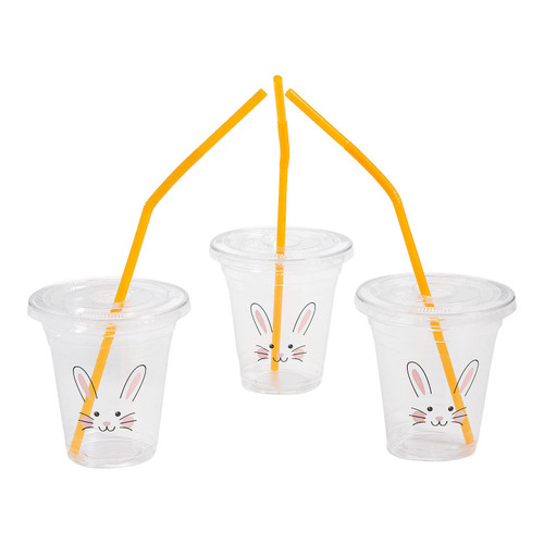 Fun Express Clear Easter Bunny Rabbit Plastic Cups with Lids & Straws, 50 Count