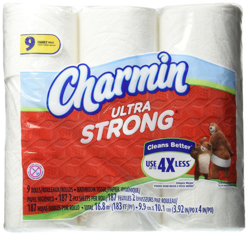 Charmin Ultra Strong Bathroom Tissue, 9 Family Rolls, 187 - 2 ply sheets Per Roll
