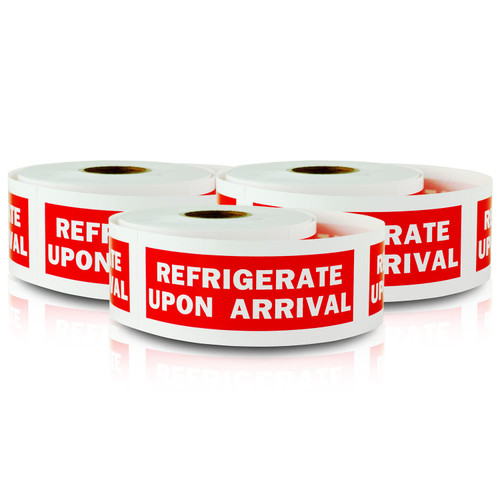 OfficeSmartLabels - 4"x1.5" [REFRIGERATE Upon Arrival] Stickers in Fluorescent RED with Bold Letters - Caution Labels - Perforated & Strong Permanent Adhesive [300 Labels/Roll, 3 Rolls=900 Labels]