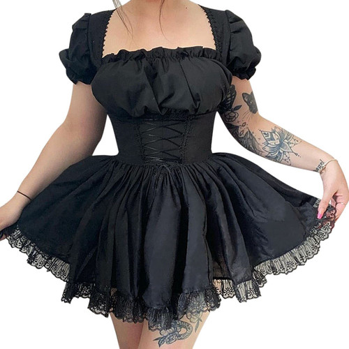 Women's Gothic Lolita Mini Dresses Vintage Punk Puff Sleeve A Line Swing Short Goth Dress (Black, Medium)