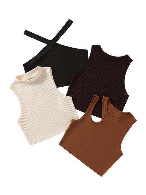 SheIn Women's 4 Piece Ribbed Knit Crop Tank Top Pack Basic Sleeveless Casual Cami Crop Tops Beige Brown Large