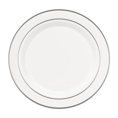 Party Essentials 40-Count Hard Plastic 10.25" Divine Dinnerware Disposable China Dinner Plates, White with Silver Band