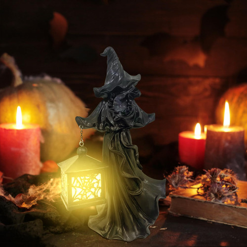QQYIDA Scary Hell Messenger Lantern Decoration, Hat Witch Lantern Messenger Decoration with Lantern Messenger Decoration,Vintage Witch Statues Resin Statue, Hell Messenger with Lantern