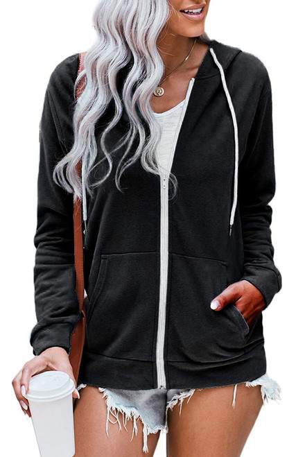 WROLEM Women Casual Zip Up Hoodie Lightweight Comfy Loose Long Sleeve Sweatshirt Solid Color With Pockets Black